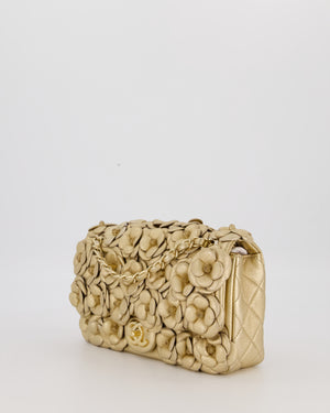 Chanel Camelia Flap Bag in Metallic Gold Lambskin Leather with Champagne Gold Hardware & Embellishment Details