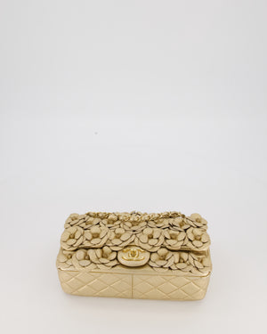 Chanel Camelia Flap Bag in Metallic Gold Lambskin Leather with Champagne Gold Hardware & Embellishment Details