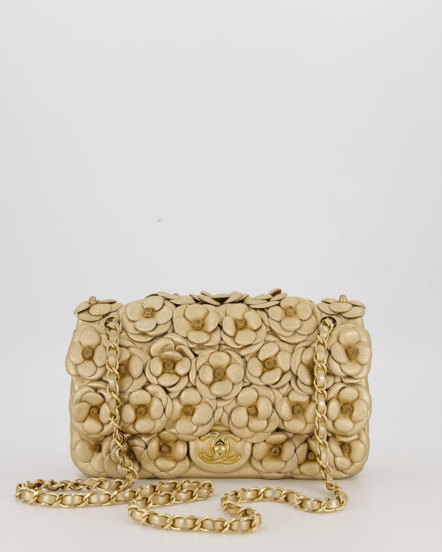 Chanel Camelia Flap Bag in Metallic Gold Lambskin Leather with Champagne Gold Hardware & Embellishment Details