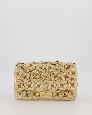 Chanel Camelia Flap Bag in Metallic Gold Lambskin Leather with Champagne Gold Hardware & Embellishment Details