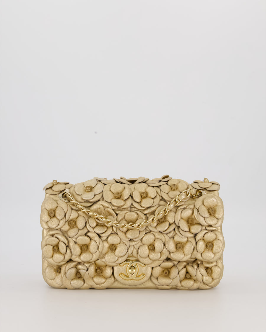 Chanel Camelia Flap Bag in Metallic Gold Lambskin Leather with Champagne Gold Hardware & Embellishment Details