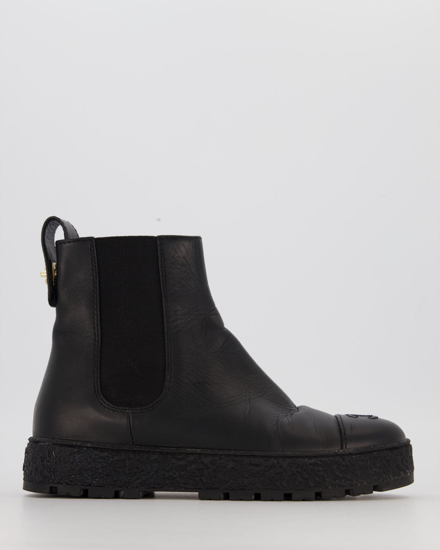 Chanel Black Leather Chelsea Platform Boots with Logo Embossing and Gold Turnlock Size EU 38C
