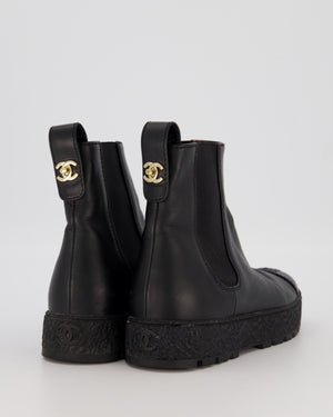 Chanel Black Leather Chelsea Platform Boots with Logo Embossing and Gold Turnlock Size EU 38C