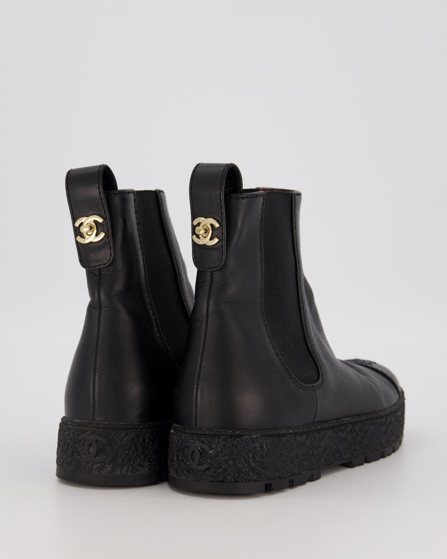 Chanel Black Leather Chelsea Platform Boots with Logo Embossing and Gold Turnlock Size EU 38C