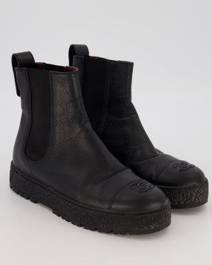 Chanel Black Leather Chelsea Platform Boots with Logo Embossing and Gold Turnlock Size EU 38C