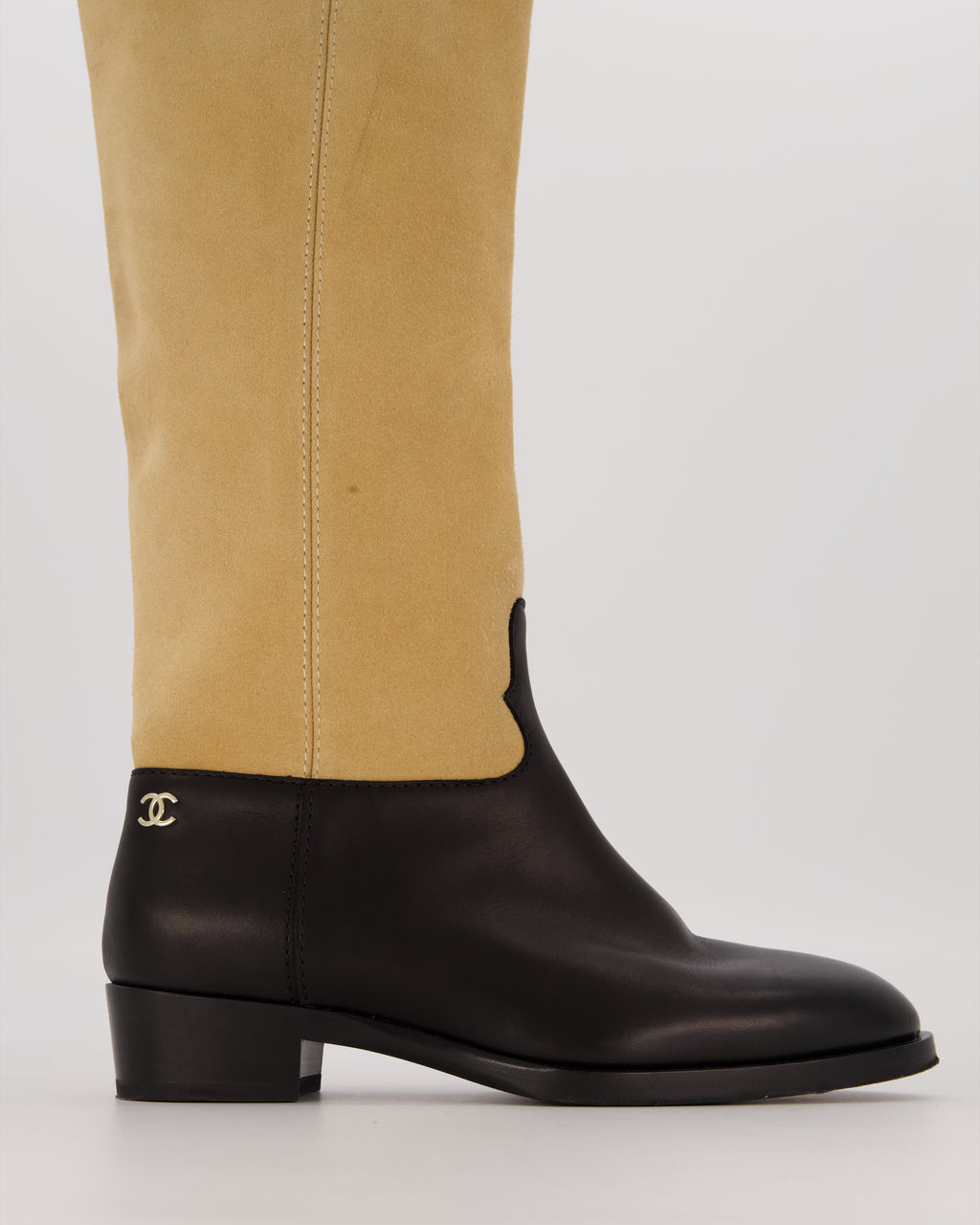 Chanel Beige Suede Calfskin Thigh Boots with Black Leather Foot