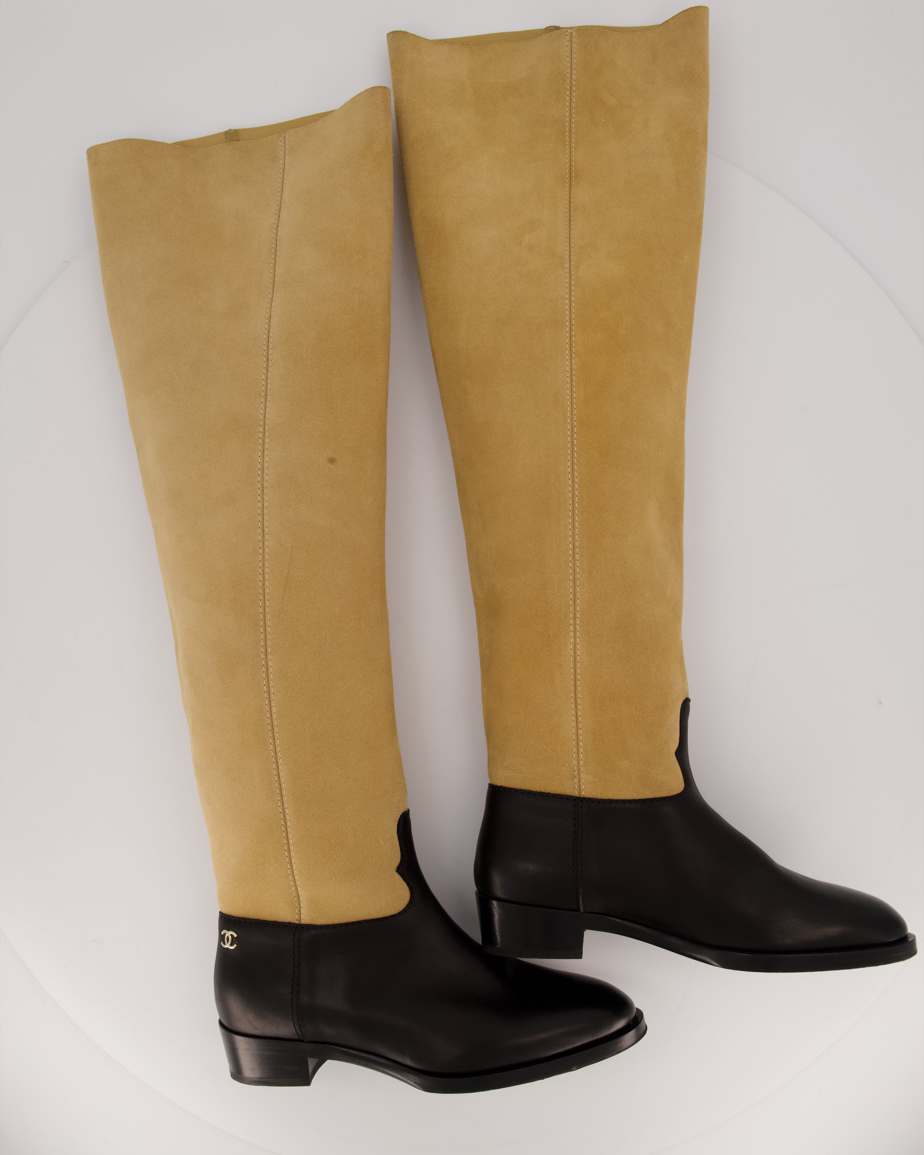 Chanel Beige Suede Calfskin Thigh Boots with Black Leather Foot