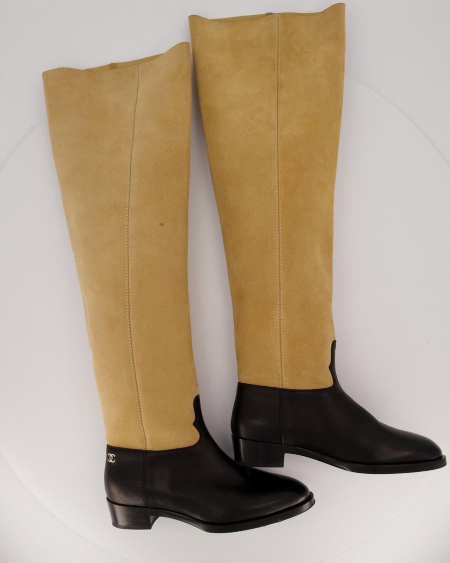 Chanel Beige Suede Calfskin Thigh Boots with Black Leather Foot and Gold CC Logo Size EU 37.5C