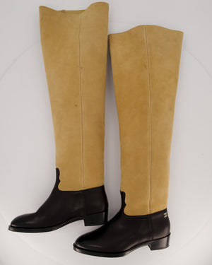Chanel Beige Suede Calfskin Thigh Boots with Black Leather Foot and Gold CC Logo Size EU 37.5C