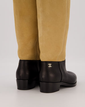 Chanel Beige Suede Calfskin Thigh Boots with Black Leather Foot and Gold CC Logo Size EU 37.5C