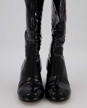 Chanel Black Patent Leather Over-the-Knee Wedge Boots with Quilted Heel and CC Logo Toecap Size EU 37.5C