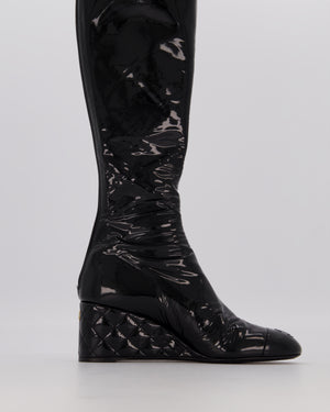 Chanel Black Patent Leather Over-the-Knee Wedge Boots with Quilted Heel and CC Logo Toecap Size EU 37.5C