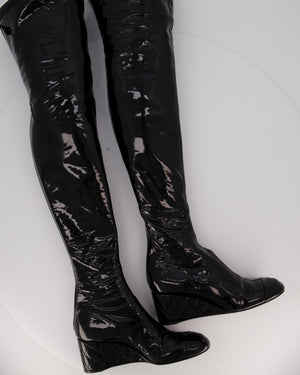 Chanel Black Patent Leather Over-the-Knee Wedge Boots with Quilted Heel and CC Logo Toecap Size EU 37.5C