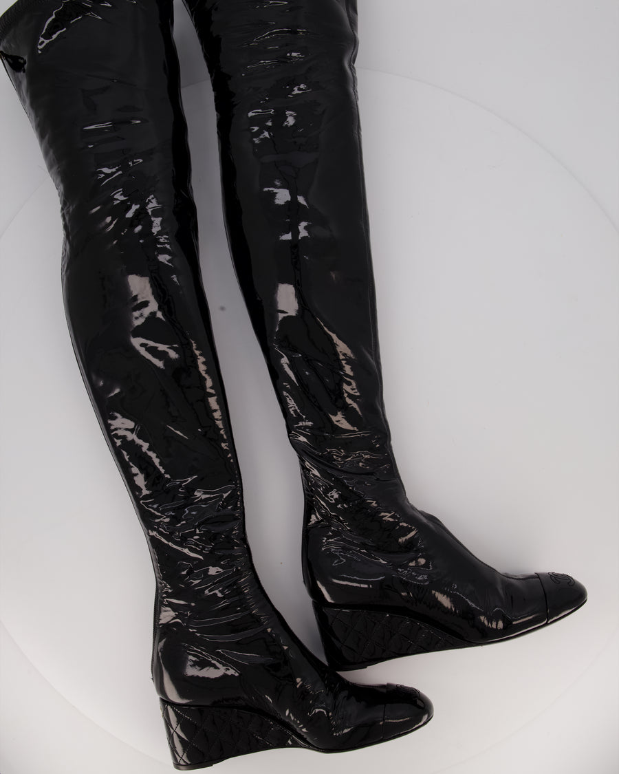 Chanel Black Patent Leather Over-the-Knee Wedge Boots with Quilted Heel and CC Logo Toecap Size EU 37.5C