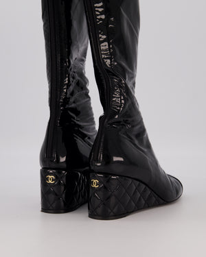 Chanel Black Patent Leather Over-the-Knee Wedge Boots with Quilted Heel and CC Logo Toecap Size EU 37.5C