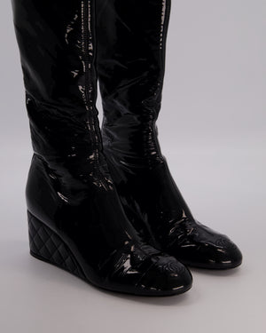 Chanel Black Patent Leather Over-the-Knee Wedge Boots with Quilted Heel and CC Logo Toecap Size EU 37.5C