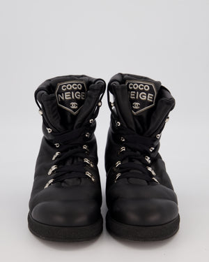 Chanel Black Leather Coco Neige Snow Boots with Logo Embossed Platform Size EU 37.5C