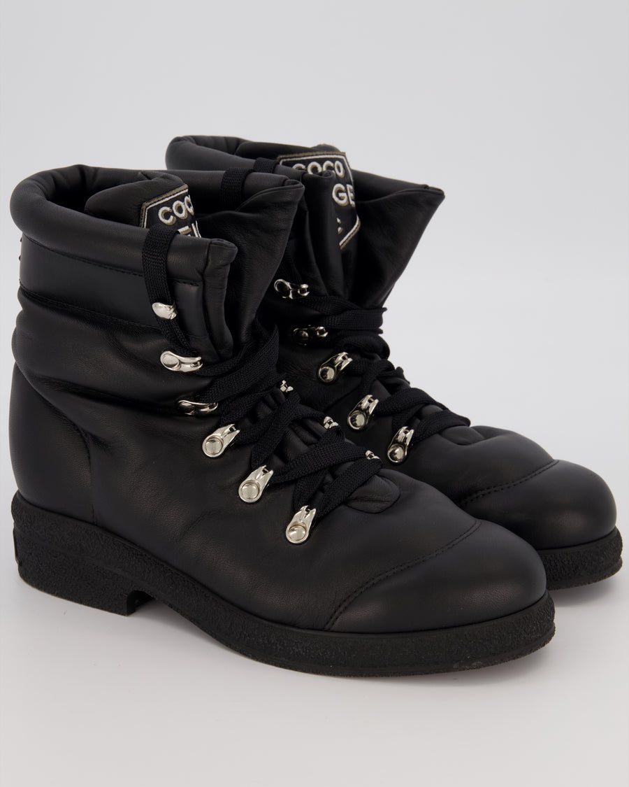 Chanel Black Leather Coco Neige Snow Boots with Logo Embossed Platform Size EU 37.5C