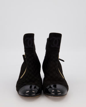 Chanel Black Fabric Suede Quilted Ankle Boots with Pearl Button and Patent Toecap Size EU 38