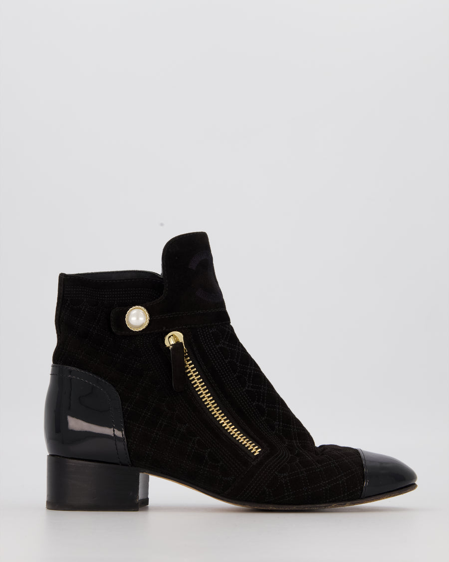 Chanel Black Fabric Suede Quilted Ankle Boots with Pearl Button and Patent Toecap Size EU 38