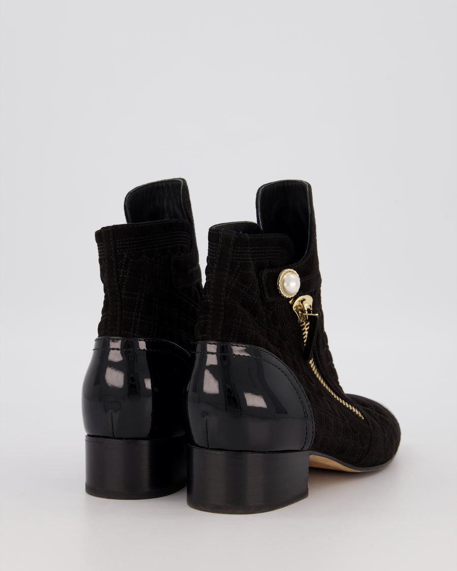 Chanel Black Fabric Suede Quilted Ankle Boots with Pearl Button and Patent Toecap Size EU 38