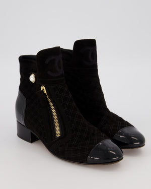 Chanel Black Fabric Suede Quilted Ankle Boots with Pearl Button and Patent Toecap Size EU 38