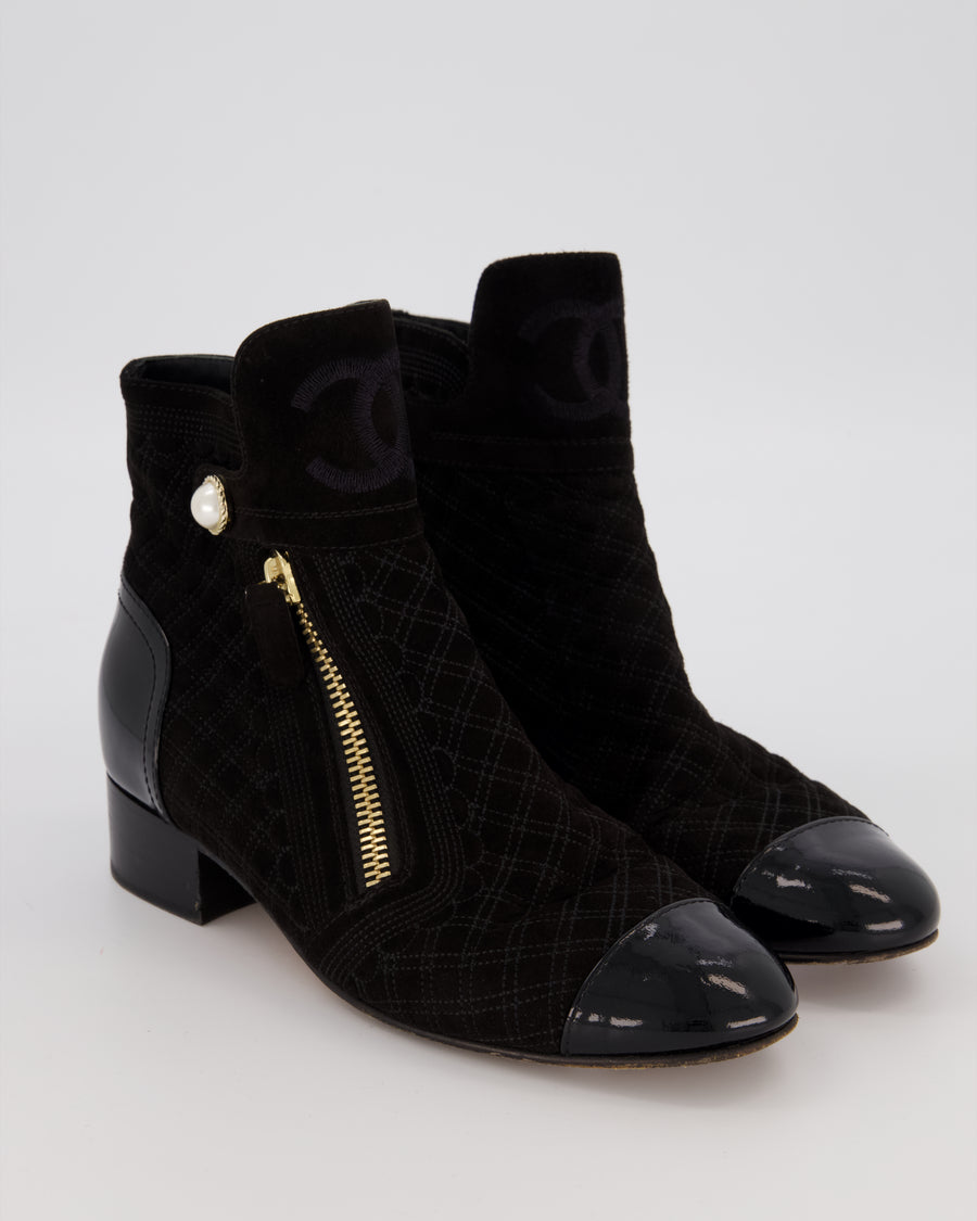 Chanel Black Fabric Suede Quilted Ankle Boots with Pearl Button and Patent Toecap Size EU 38