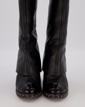 Chanel Black Leather Fold-Over Knee High Wedge Boots with Patent Logo Toecap and Chain Trim Size EU 38.5C