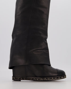 Chanel Black Leather Fold-Over Knee High Wedge Boots with Patent Logo Toecap and Chain Trim Size EU 38.5C