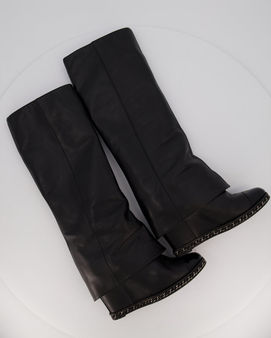 Chanel Black Leather Fold-Over Knee High Wedge Boots with Patent Logo Toecap and Chain Trim Size EU 38.5C