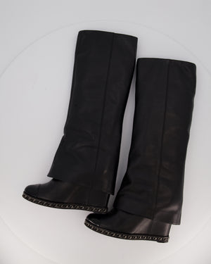 Chanel Black Leather Fold-Over Knee High Wedge Boots with Patent Logo Toecap and Chain Trim Size EU 38.5C