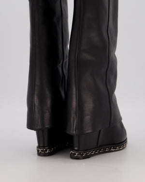 Chanel Black Leather Fold-Over Knee High Wedge Boots with Patent Logo Toecap and Chain Trim Size EU 38.5C