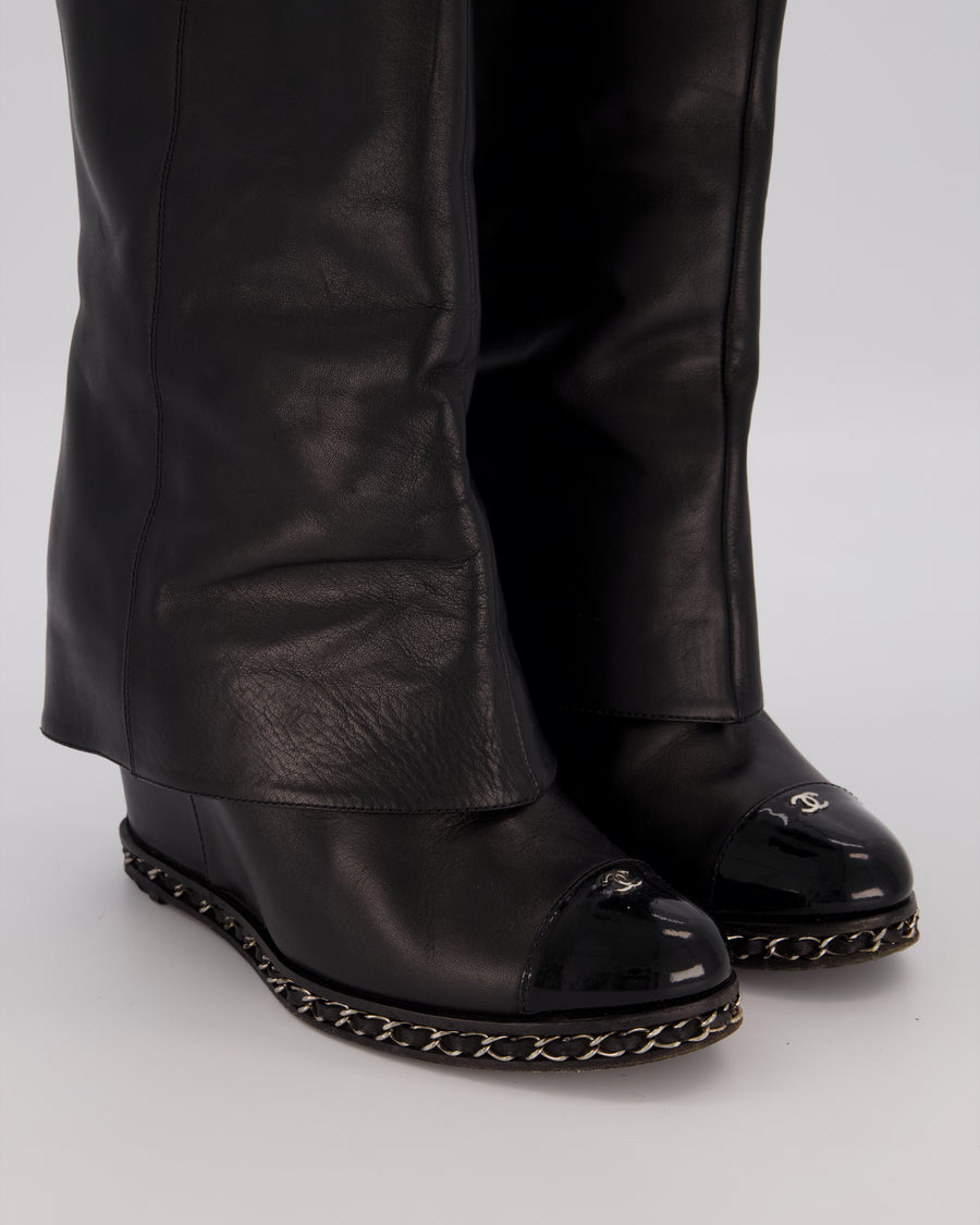 Chanel Black Leather Fold-Over Knee High Wedge Boots with Patent Logo Toecap and Chain Trim Size EU 38.5C