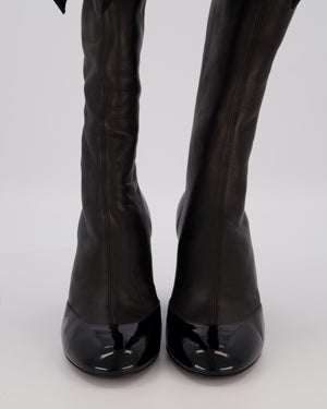 Chanel Black Stretch Lambskin Knee High Boots with Ruffle and Bow Detail Size EU 37.5C