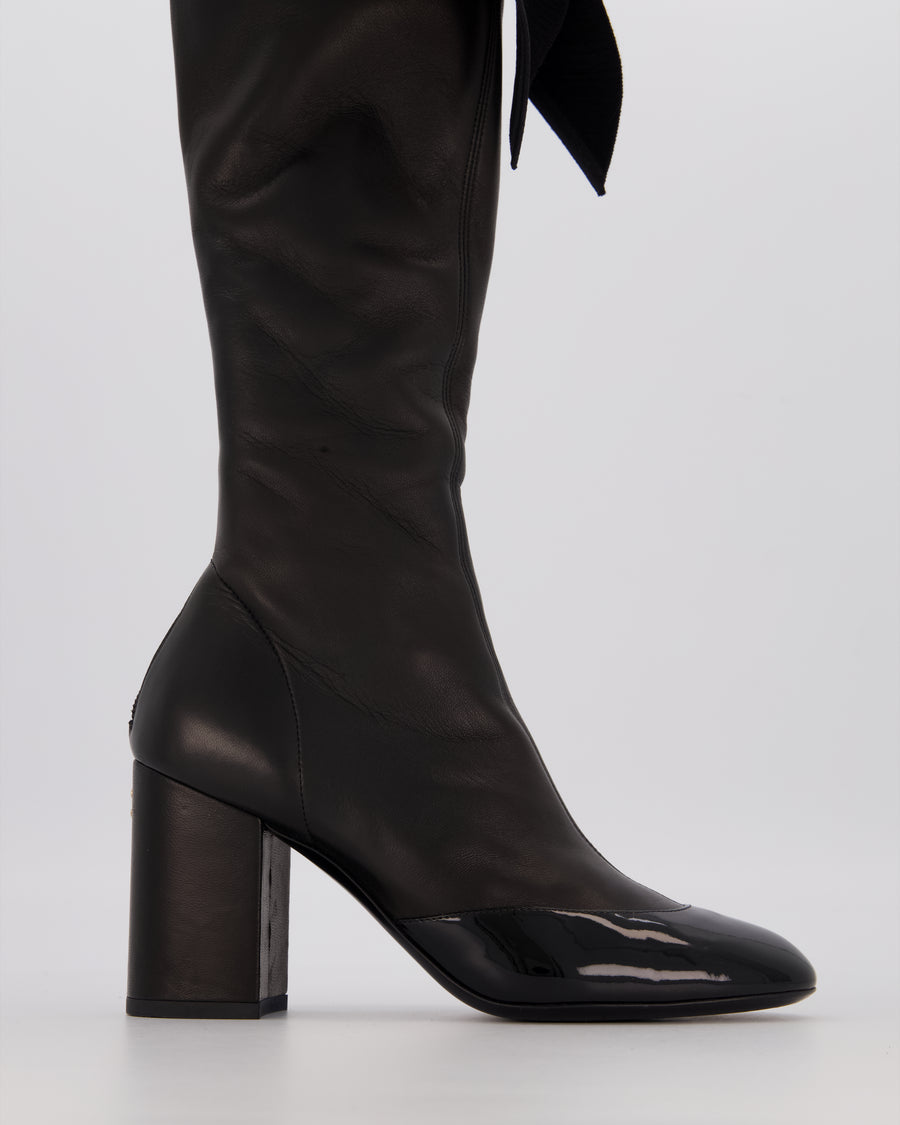 Chanel Black Stretch Lambskin Knee High Boots with Ruffle and Bow Detail Size EU 37.5C