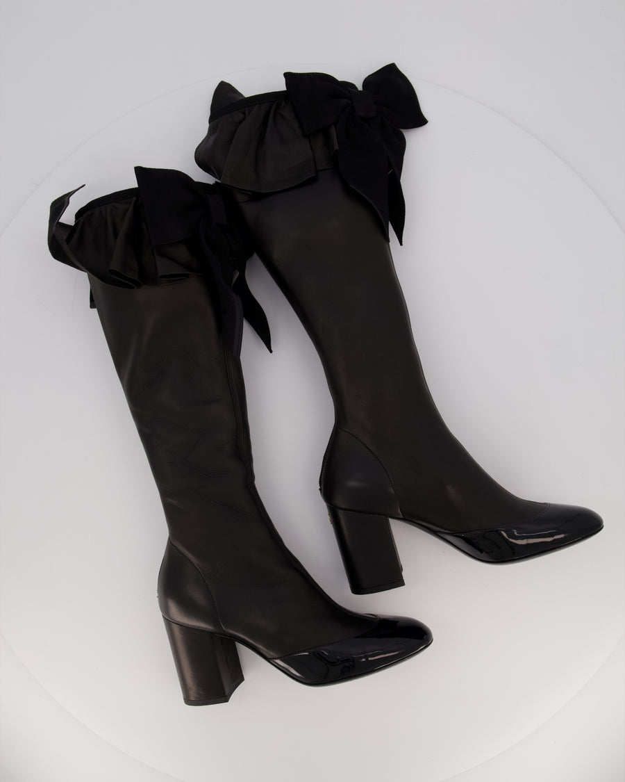 Chanel Black Stretch Lambskin Knee High Boots with Ruffle and Bow Detail Size EU 37.5C