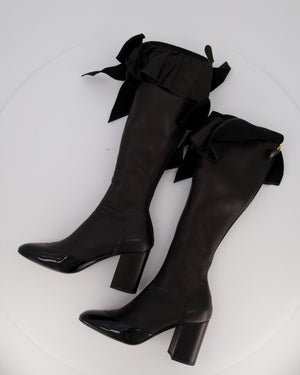Chanel Black Stretch Lambskin Knee High Boots with Ruffle and Bow Detail Size EU 37.5C