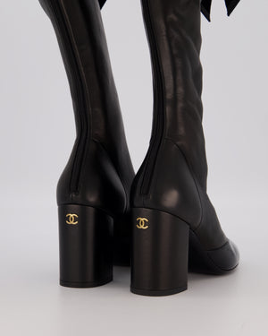 Chanel Black Stretch Lambskin Knee High Boots with Ruffle and Bow Detail Size EU 37.5C