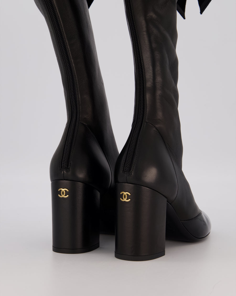 Chanel Black Stretch Lambskin Knee High Boots with Ruffle and Bow Detail Size EU 37.5C