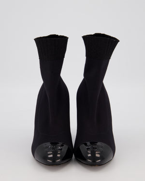 Chanel Black Fabric Ankle Boot with Glitter Trim and Patent Logo Toecap Size EU 38