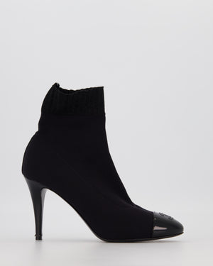 Chanel Black Fabric Ankle Boot with Glitter Trim and Patent Logo Toecap Size EU 38
