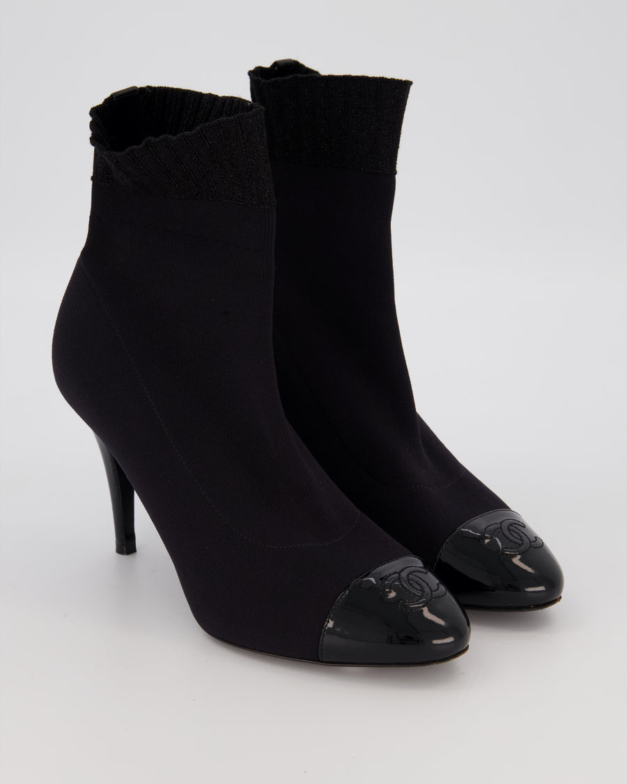 Chanel Black Fabric Ankle Boot with Glitter Trim and Patent Logo Toecap Size EU 38