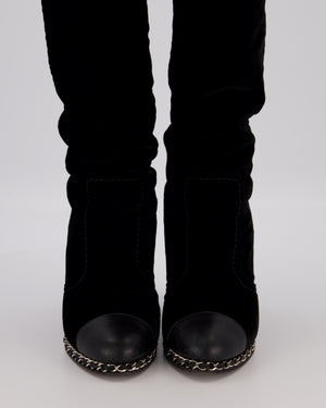 Chanel Black Suede Knee High Wedge Boots with Silver Chain Trim Size EU 37C
