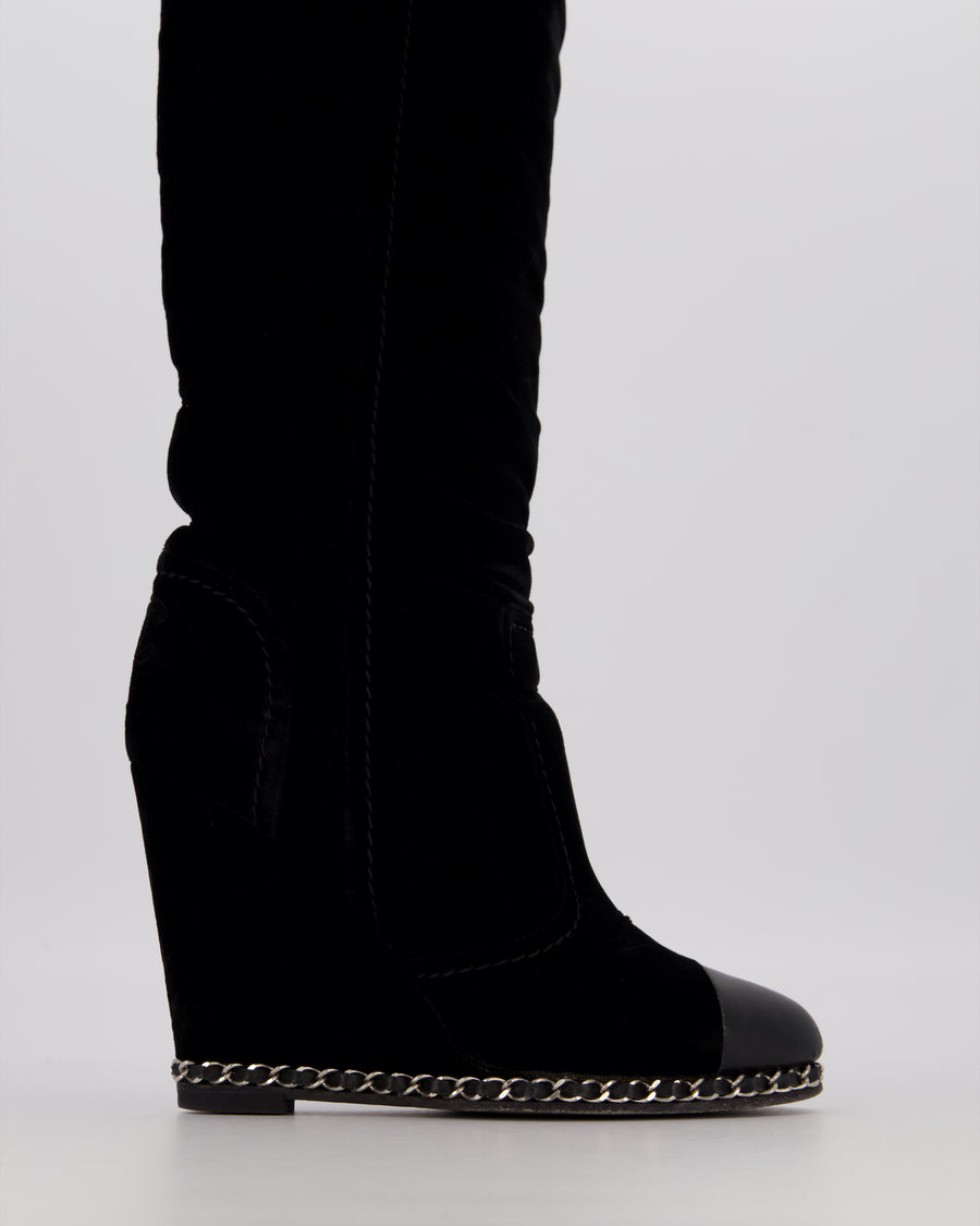 Chanel Black Suede Knee High Wedge Boots with Silver Chain Trim Size EU 37C