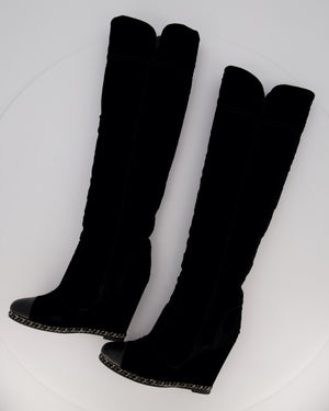 Chanel Black Suede Knee High Wedge Boots with Silver Chain Trim Size EU 37C