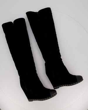 Chanel Black Suede Knee High Wedge Boots with Silver Chain Trim Size EU 37C