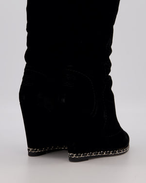 Chanel Black Suede Knee High Wedge Boots with Silver Chain Trim Size EU 37C