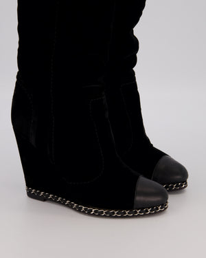 Chanel Black Suede Knee High Wedge Boots with Silver Chain Trim Size EU 37C