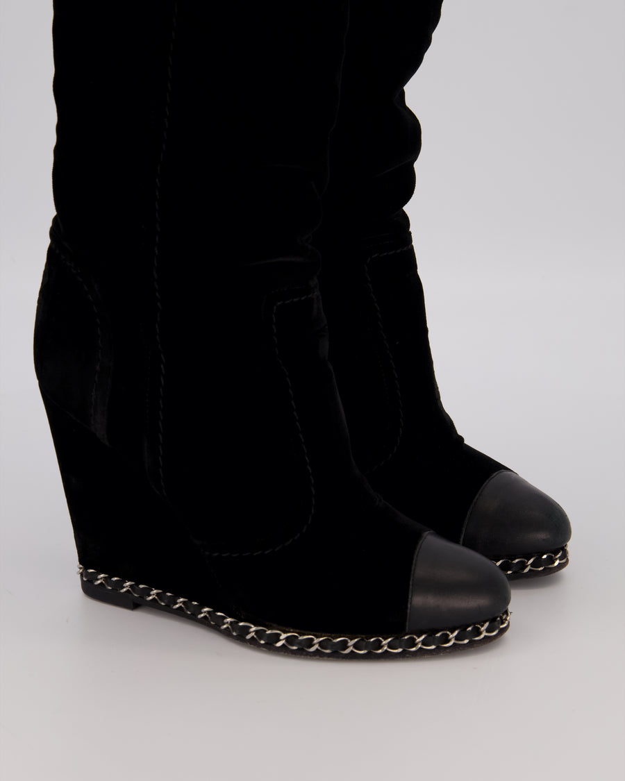 Chanel Black Suede Knee High Wedge Boots with Silver Chain Trim Size EU 37C