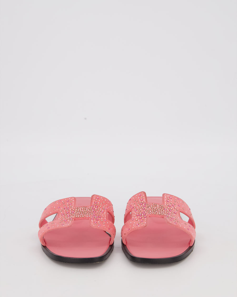 Hermès Oran Sandals in Rose Jaipur Suede with Crystal Application Size EU 37.5